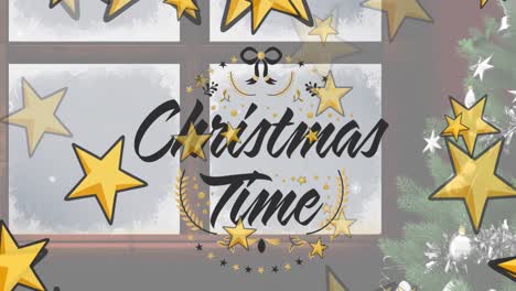 Animation-of-christmas-time-text-over-stars,-christmas-tree-and-window