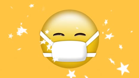 Animation-of-white-stars-falling-over-emoji-in-face-mask-on-yellow-background