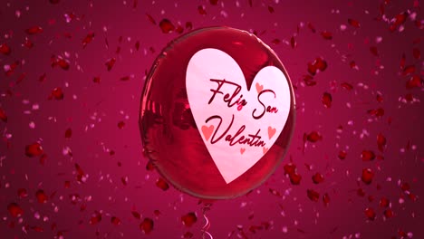 High-quality-seasonal-motion-graphic-celebrating-St-Valentine's-Day,-with-pink-and-red-color-scheme,-balloon-and-falling-red-and-pink-rose-petals---French-message-reads-"Feliz-San-Valentin