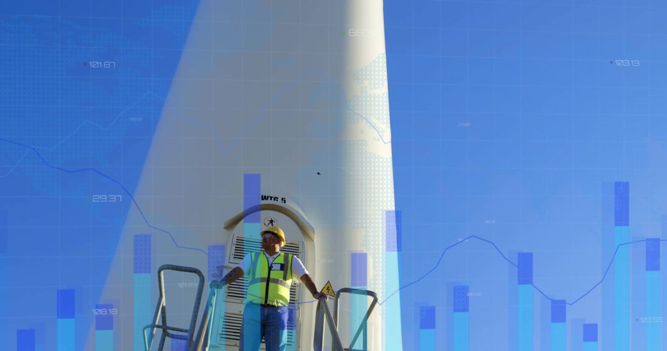 Animation of financial data processing over caucasian engineer and wind turbine