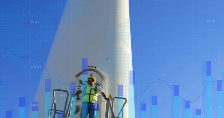 Animation of financial data processing over caucasian engineer and wind turbine