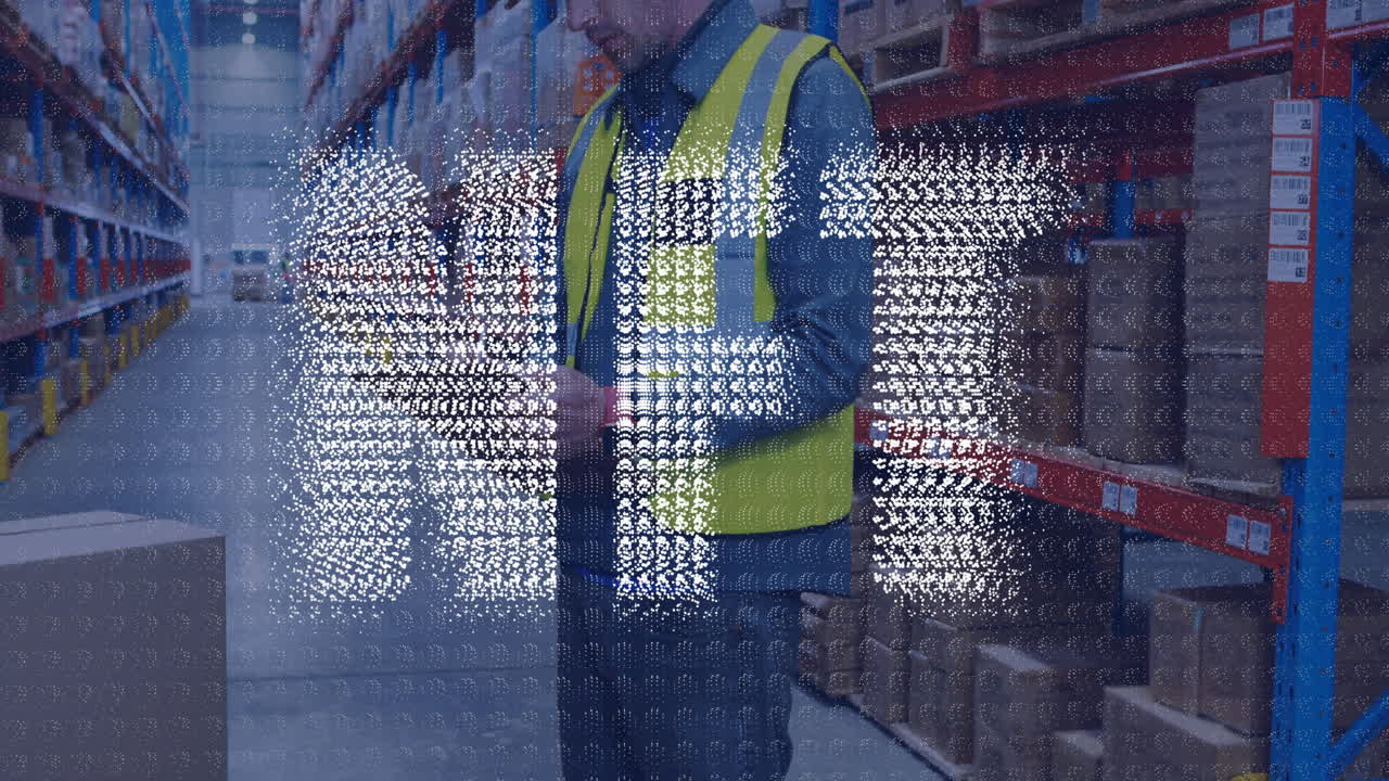 Wearing safety vest, warehouse worker using tablet with NFT animation overlay