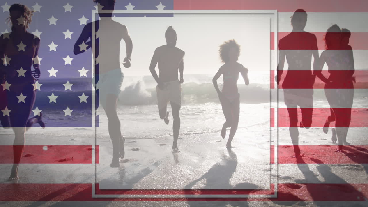 해변에서 달리는 친구들 위에 흔들리는 미국  ⁇ 발의 애니메이션