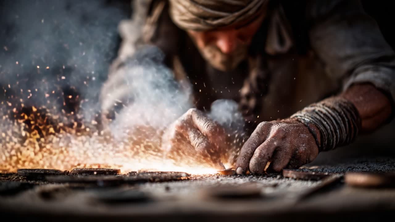 Skilled Artisan at Work: Capturing the Intensity and Precision of Craftsmanship in a Crafting Process Under Soft Light and Floating Particles