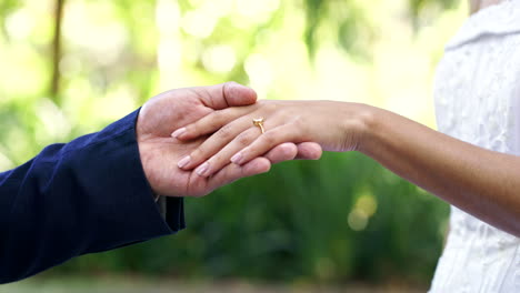 boda, parque y manos de pareja con anillo
