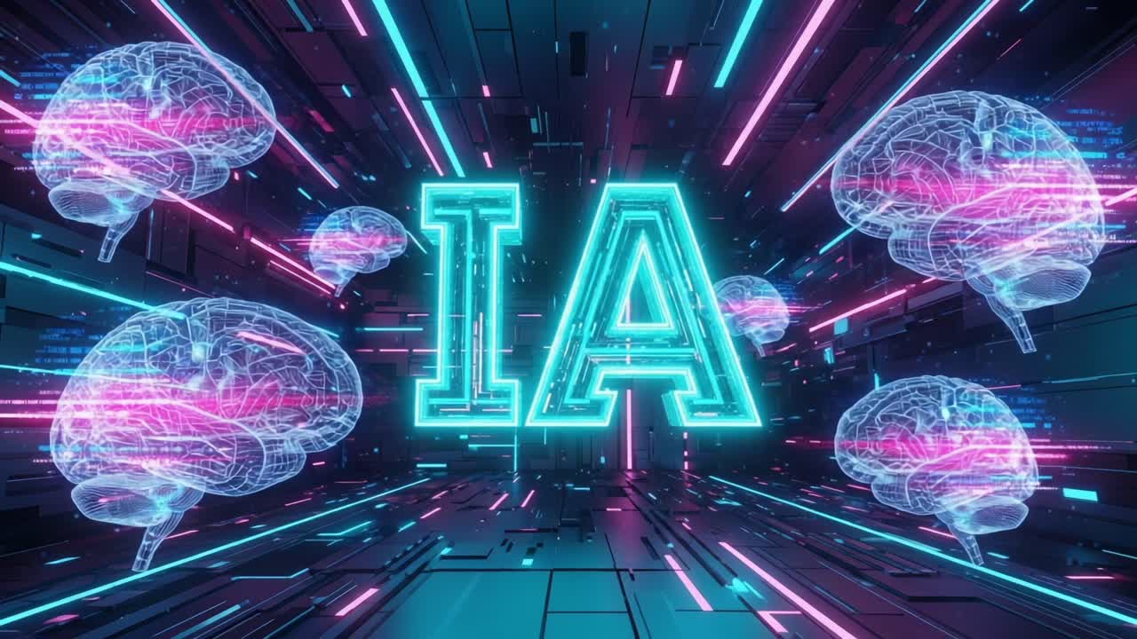 A Futuristic Visualization of Artificial Intelligence Represented by Brain Motifs and the Bold Initials 'IA' Amidst a Neon-Lit Digital Environment