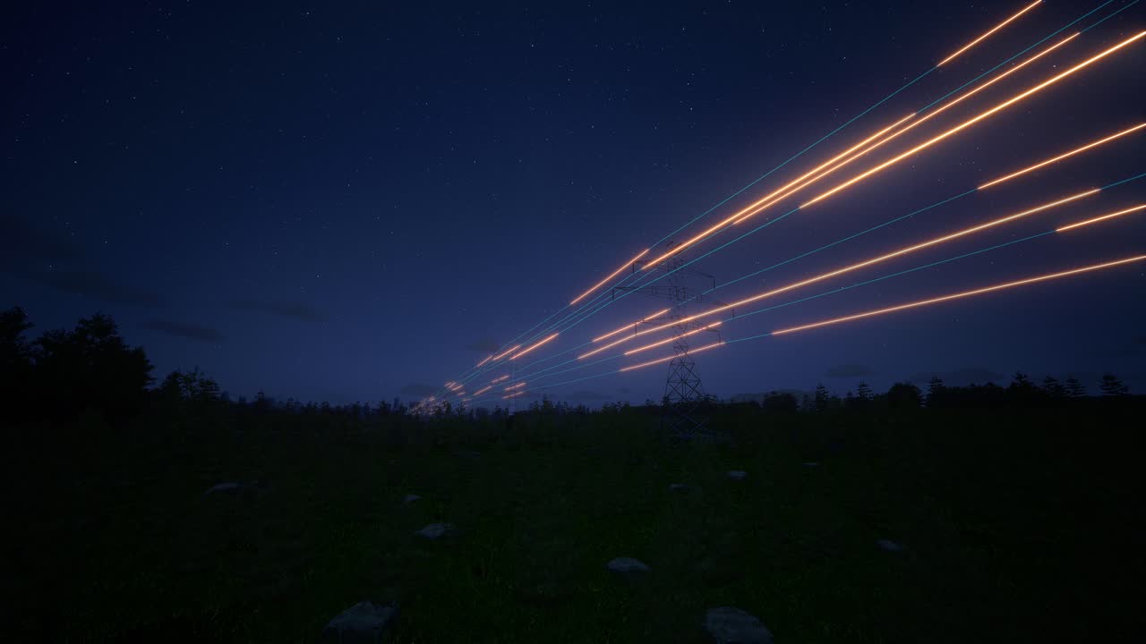 Pylône à haute tension avec des lignes électriques illuminées par des traînées d’énergie la nuit