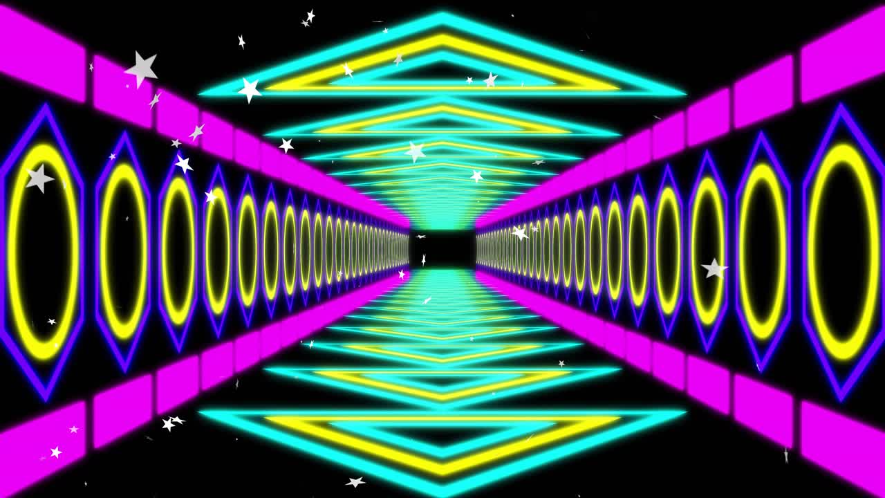 Neon tunnel pulsing on pulse start, chevrons shifting and stars drifting, creating forward illusion