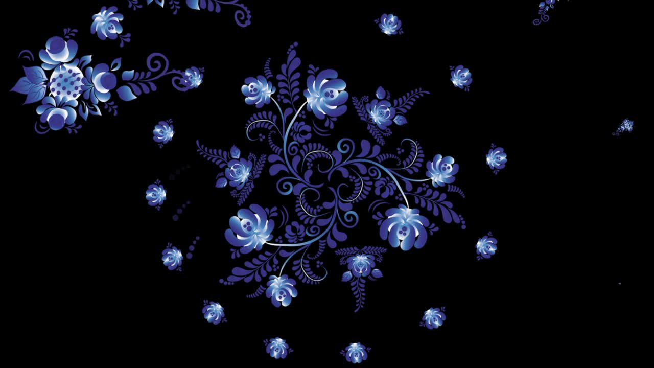 Animation of Colorful Flowers on Black Background. Seamless Loops. Ornament animation