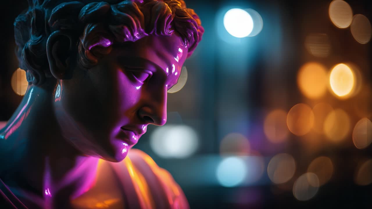 En kunstnerisk gengivelse af en klassisk skulptur med æterisk belysning, der skaber en drømmeagtig atmosfære i moderne omgivelser, som fanger tidløs skønhed og elegance
