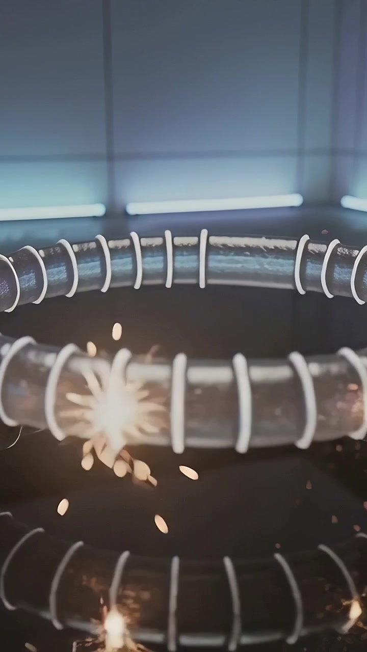 Vertical video: Rotating concentric rings sparking when white bands touch in studio, neon glow
