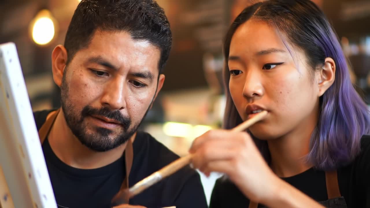 A Dedicated Art Session: An Instructor Guides His Student Through Creative Techniques with Paintbrushes and a Canvas, Fostering Artistic Expression and Confidence