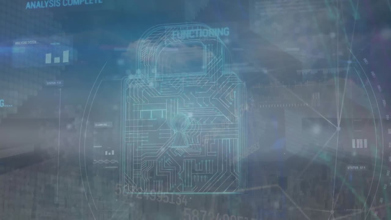 animación de la red de conexiones con procesamiento de datos sobre el icono del candado