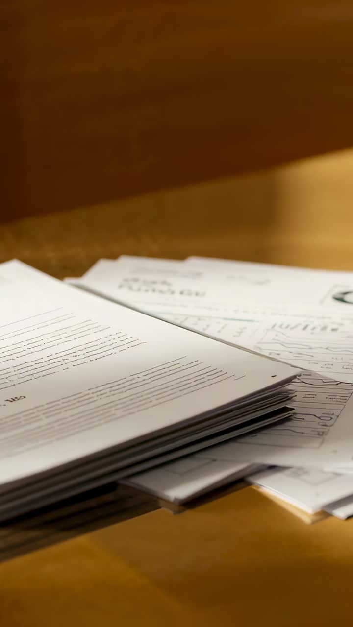 Vertical video: Panning camera revealing printed report on wooden desk, showing notes for review
