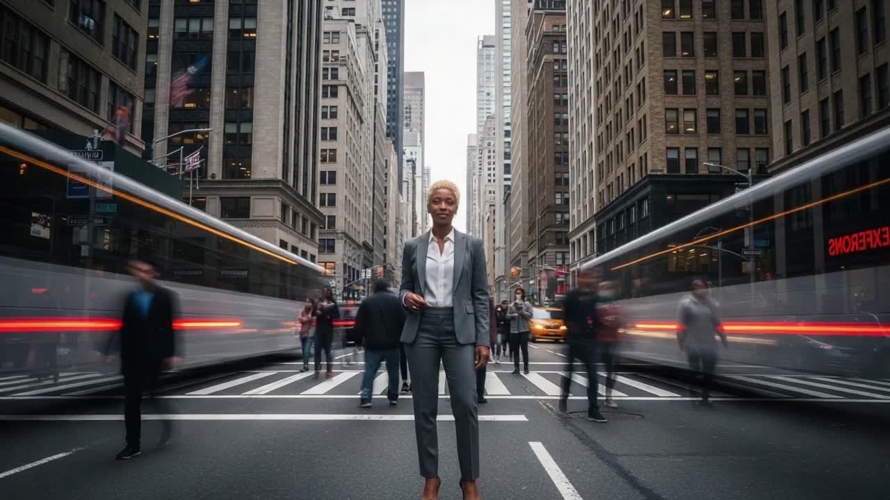 Eine selbstbewusste Person steht inmitten der pulsierenden Energie des urbanen Lebens, umgeben von der dynamischen Bewegung der Straßen in stilvoller Kleidung.