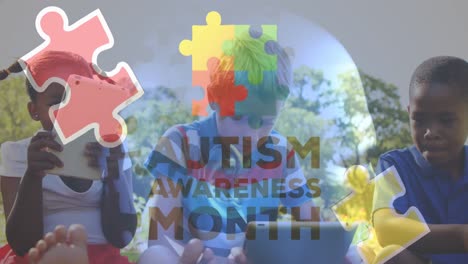 Animation-of-colourful-puzzle-pieces-and-autism-text-over-kids-friends-using-electronic-devices