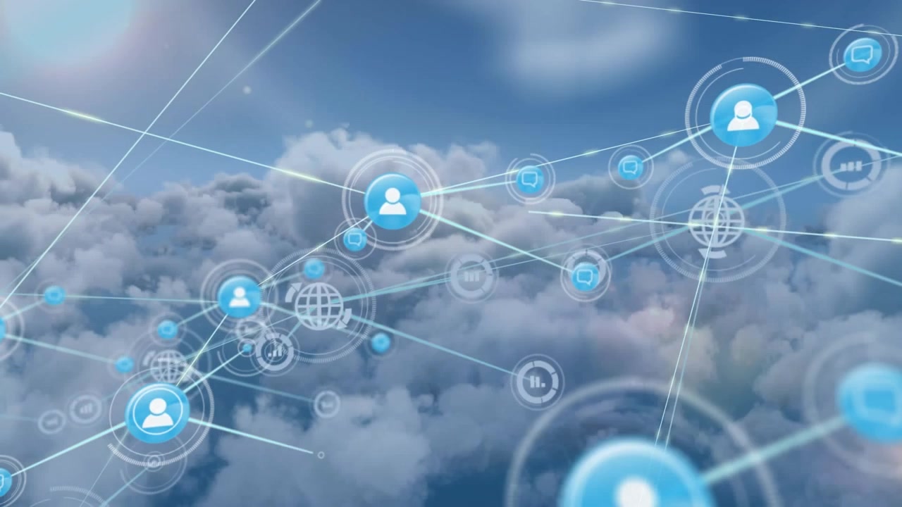Animation of network of connections with icons over clouds