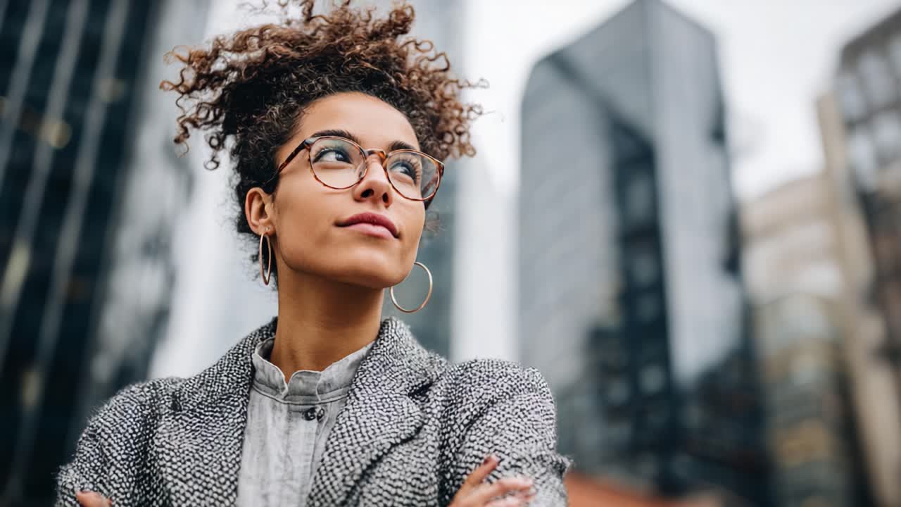 Uma jovem confiante com cabelo cacheado e óculos posando em um horizonte urbano, transmitindo força e determinação em meio à arquitetura moderna