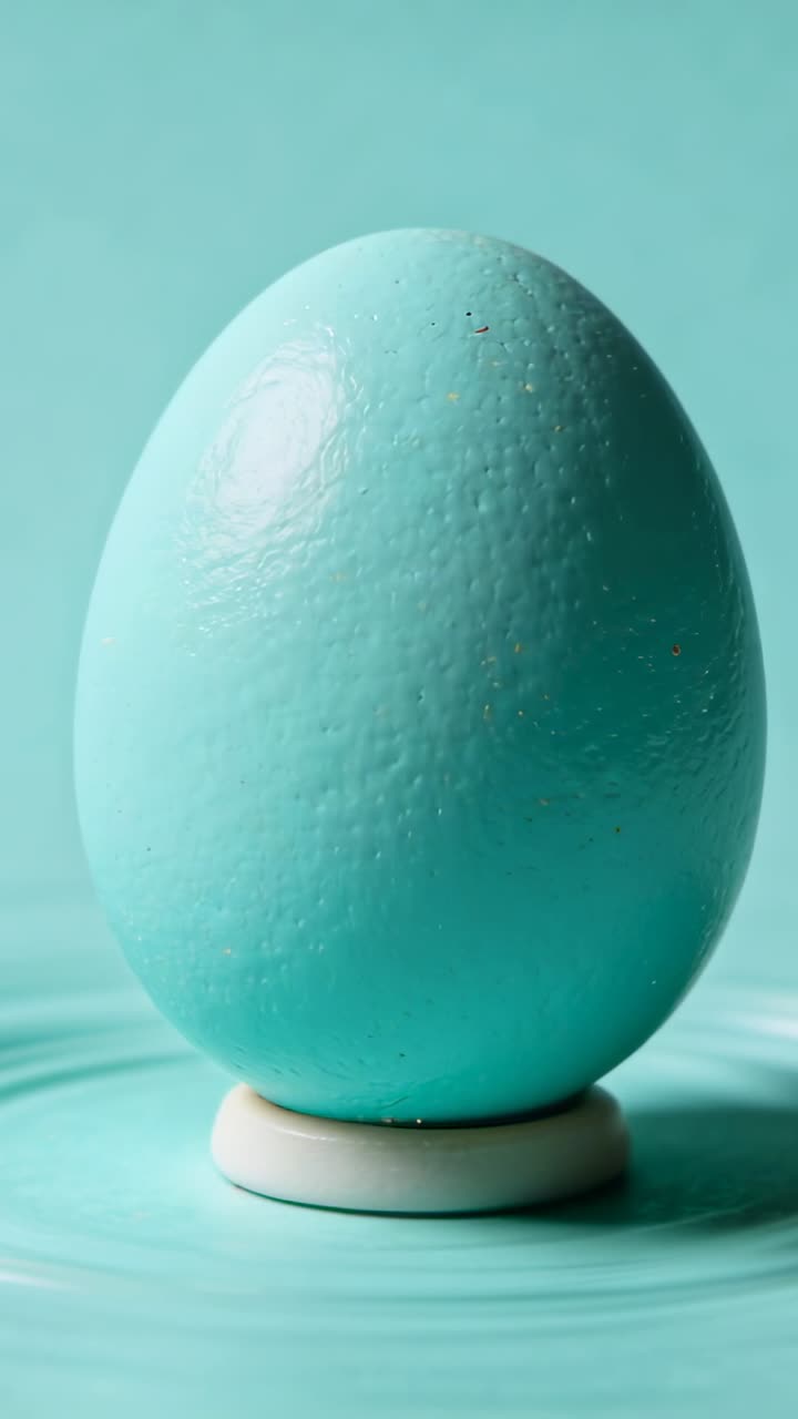 Vertical video: Filling frame teal egg on stand on teal table while camera pushing showing ripples