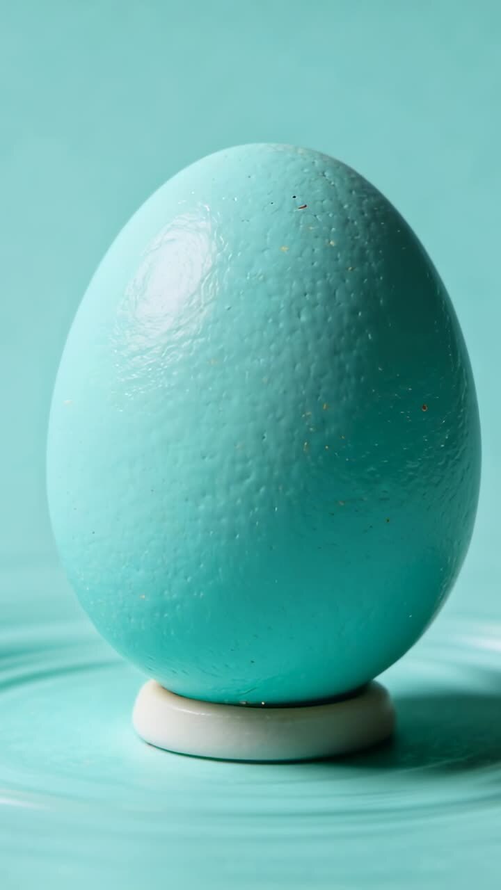 Vertical video: Filling frame teal egg on stand on teal table while camera pushing showing ripples