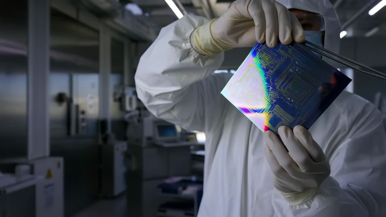 Engineer Inspecting a Semiconductor Wafer in a Cleanroom