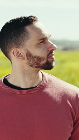 Closeup,-man-and-face-with-smile-in-countryside