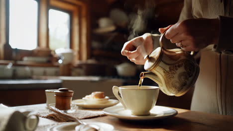 person pouring steaming tea or coffee into a cup in a warm kitchen