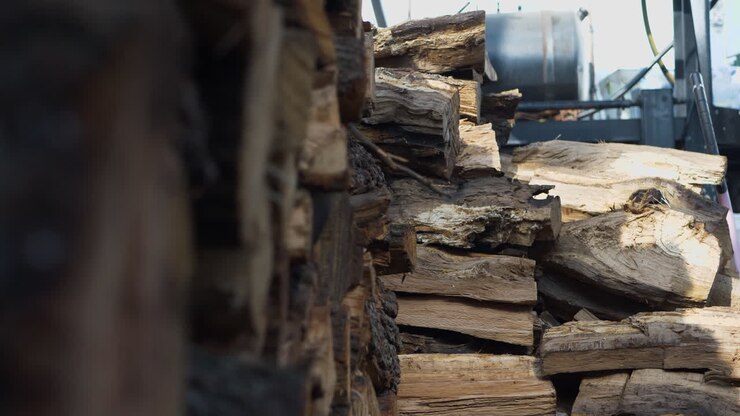 A pile of wood for burning in BBQ pits with a smoker behind it