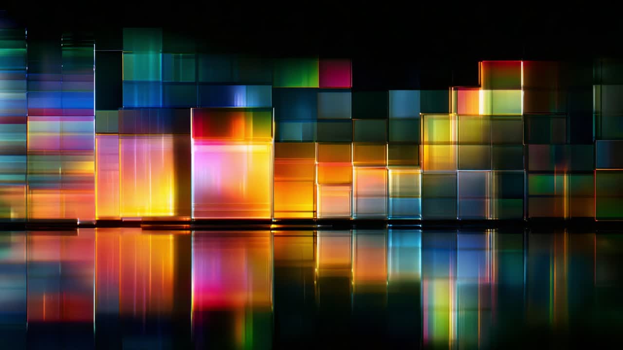 A Captivating Display of Neon Lights and Reflections in a Colorful Digital Landscape, Showcasing a Mix of Vibrant Hues and Geometric Patterns against a Dark Background