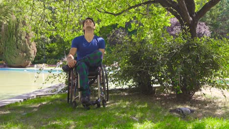hombre discapacitado en silla de ruedas descansando en la naturaleza.
