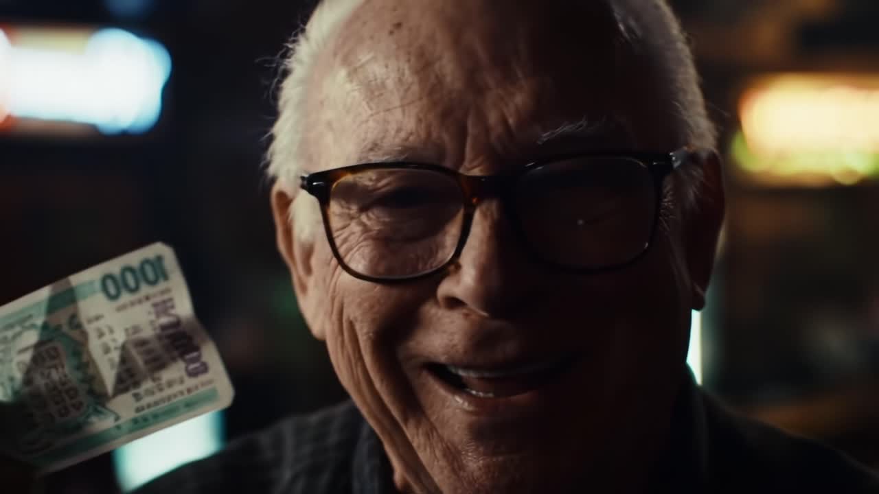 An elderly man's journey from contemplation to joy captured in a video, showcasing his emotional connection to money and the fleeting nature of happiness
