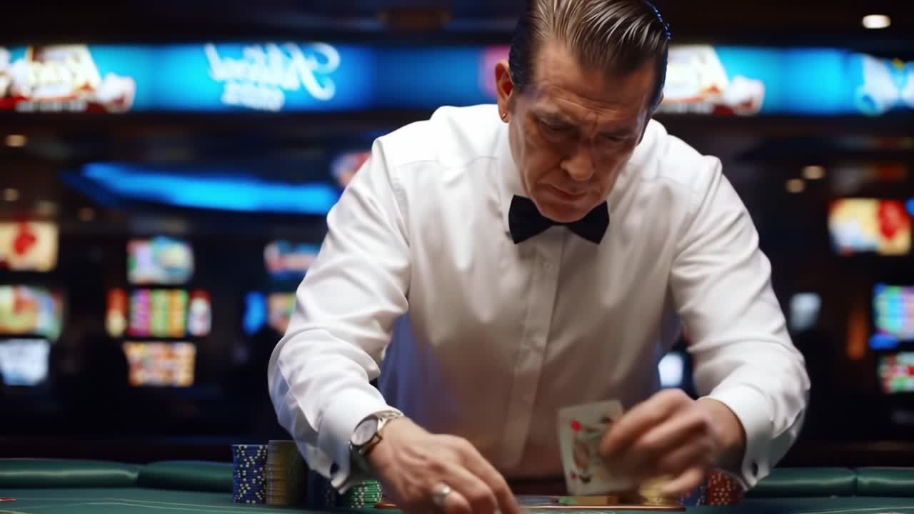 A High-Stakes Casino Encounter: Intense Focus as a Player Strategizes His Next Move with Chips on the Table in a Vibrant Gambling Atmosphere