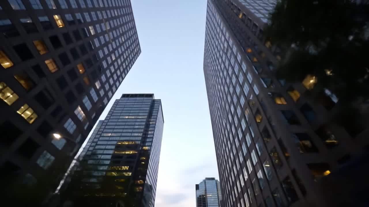 Skyscrapers tower above as the city transitions from day to night. The lights begin to illuminate the buildings, creating a vibrant atmosphere. This moment captures the essence of urban life.