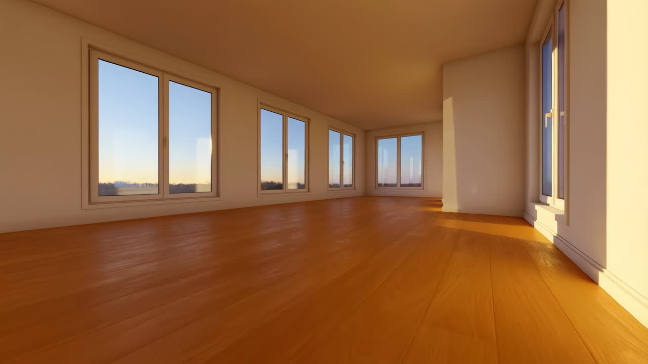 Empty Room with Large Windows and Wooden Floor