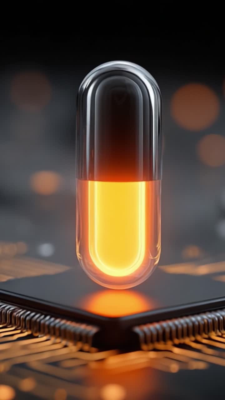 Una capsula futuristica luminosa levita sopra un microchip, simboleggiando l'intersezione tra tecnologia e salute in uno scenario digitale mozzafiato.