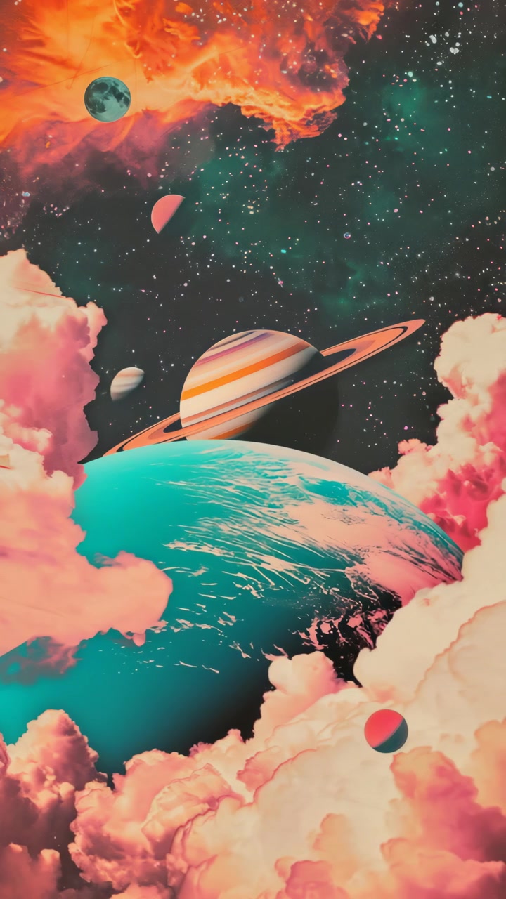 Paesaggio cosmico surreale con pianeti, stelle e nuvole colorate