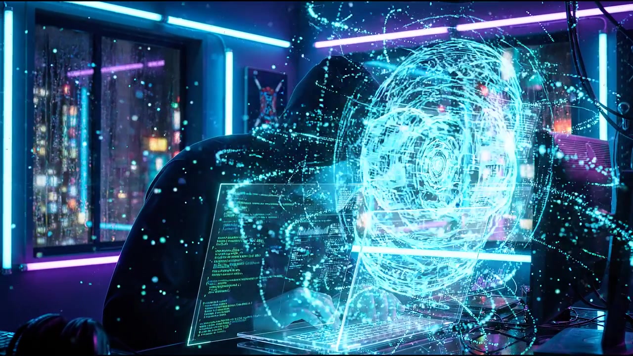 Hooded cybersecurity hacker working on futuristic transparent computer screens with digital code in neon office