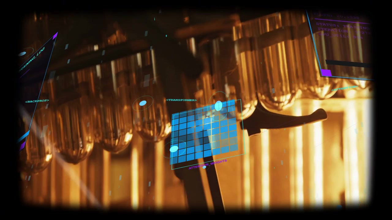 HUD appearing left, blue graphics drifting over amber test tubes, clamp tilting, showing data
