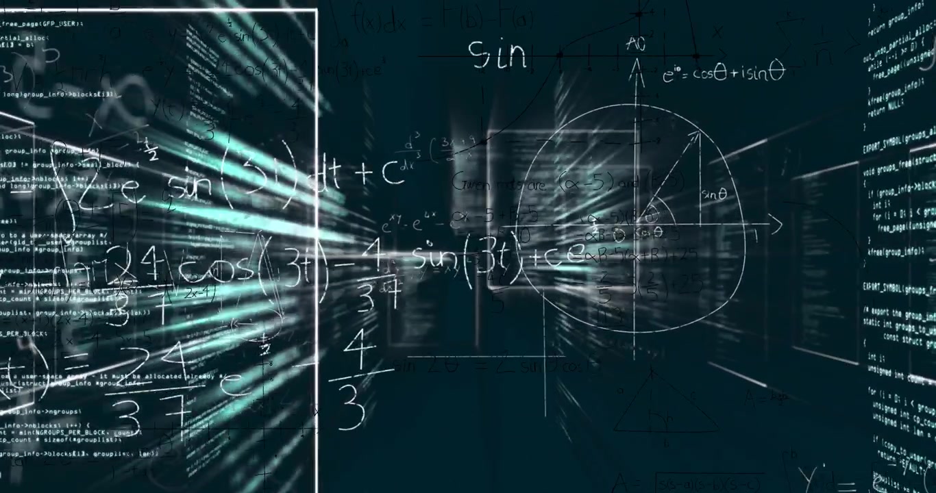 Cyan square appearing starting code corridor rushing inward, math and code streaming showing motion