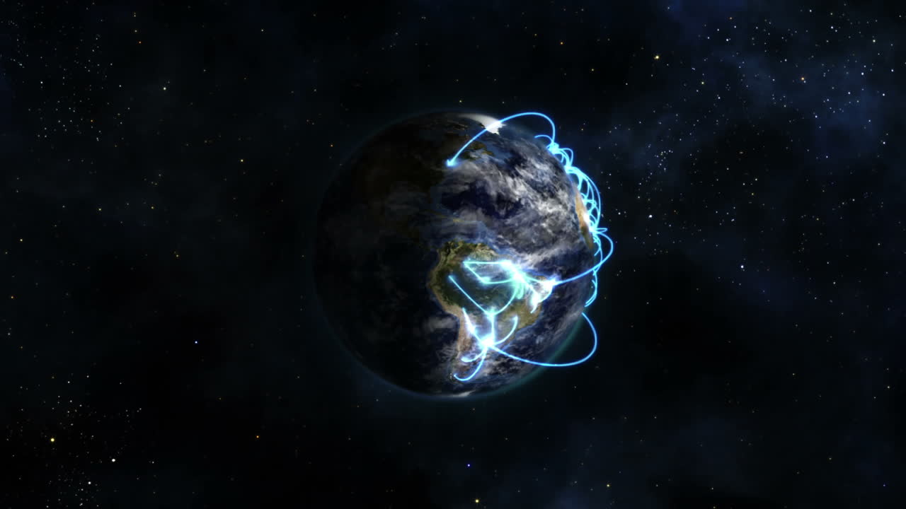 Terra ombreggiata con connessioni blu in movimento e nuvole in movimento, immagine della Terra per gentile concessione della NASA.