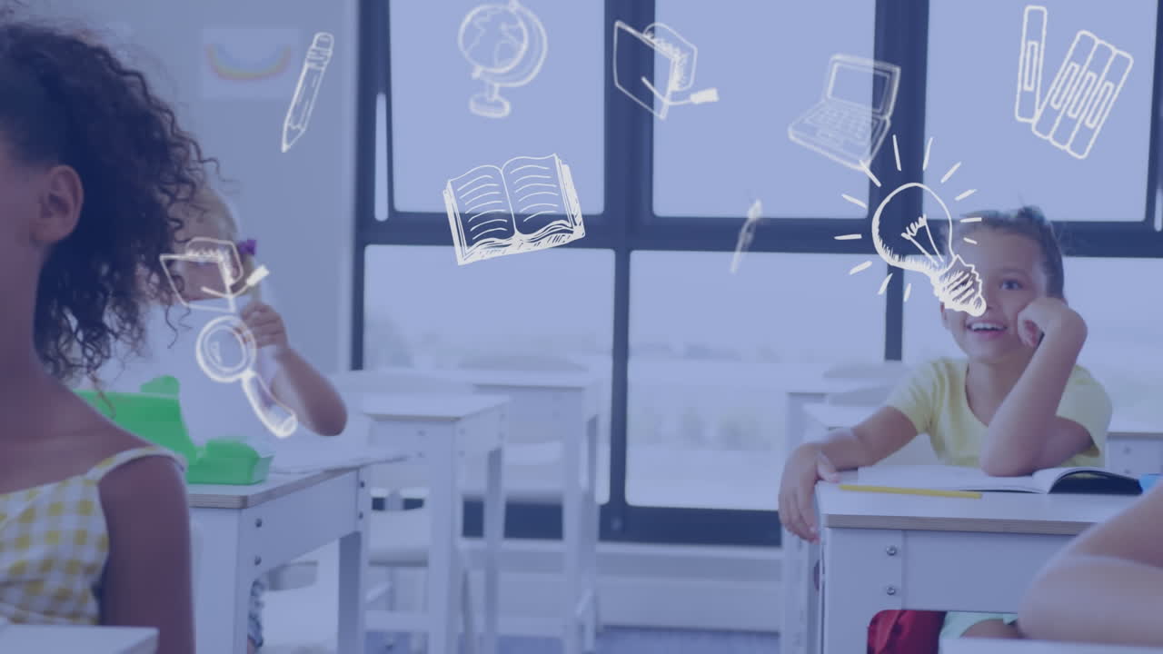 animación de iconos escolares sobre escolares diversos y felices en los escritorios de la clase