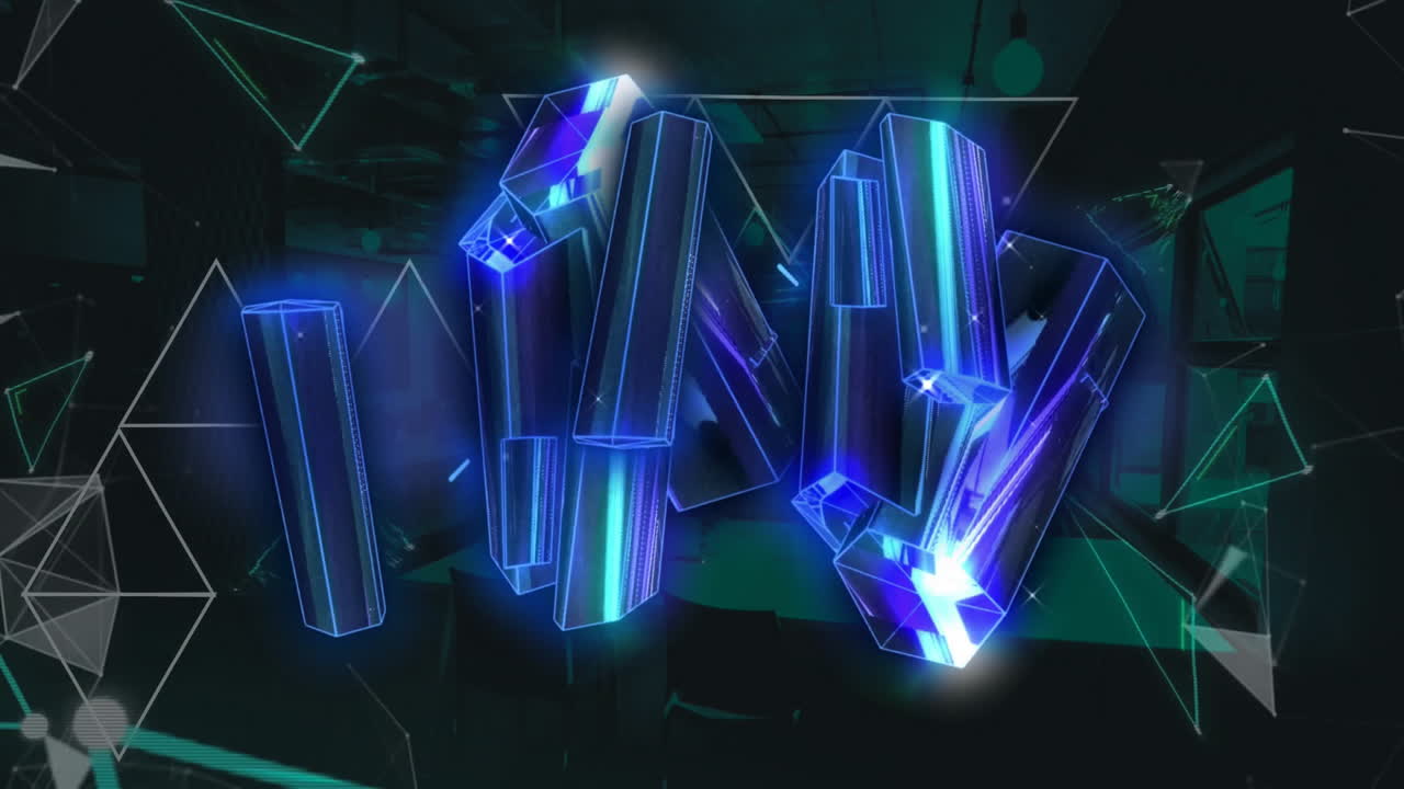 어두운 배경에 있는 삼각형 위에 파란색으로 빛나는 블록의 애니메이션