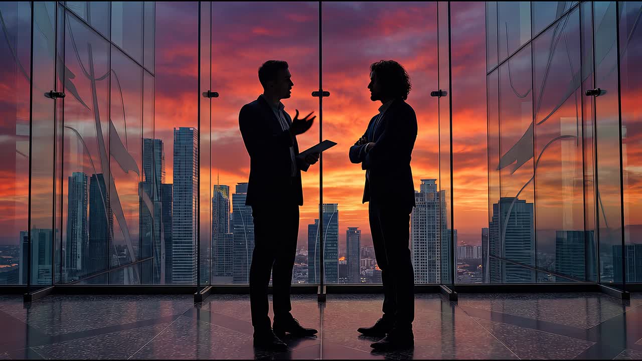 Due professionisti che discutono di strategia in un moderno ufficio di vetro con vista sullo skyline della città al tramonto.