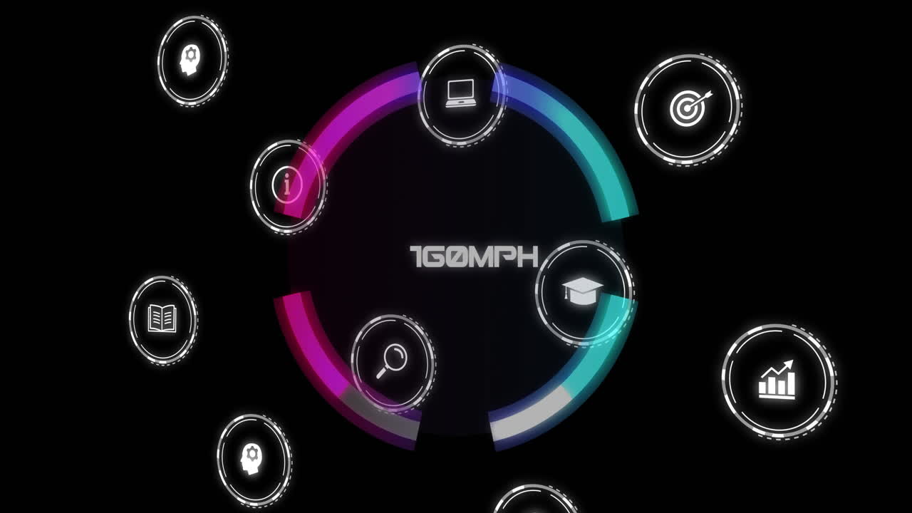 animación de iconos digitales y procesamiento de datos a través de escaneo de alcance en fondo negro