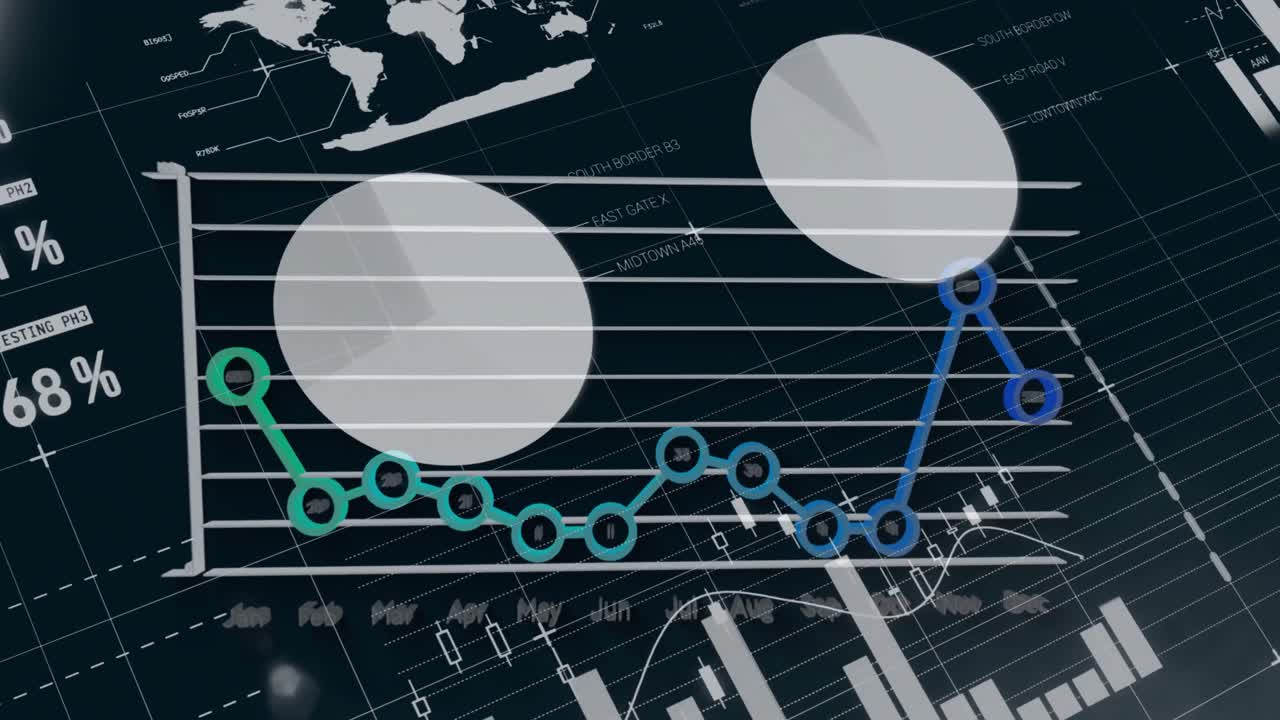 인포그래픽 인터페이스를 통해 달의 이름을 가진 그래프를 형성하는 연결된 점의 애니메이션
