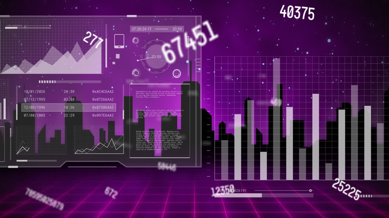 animación del procesamiento de datos financieros sobre el paisaje urbano