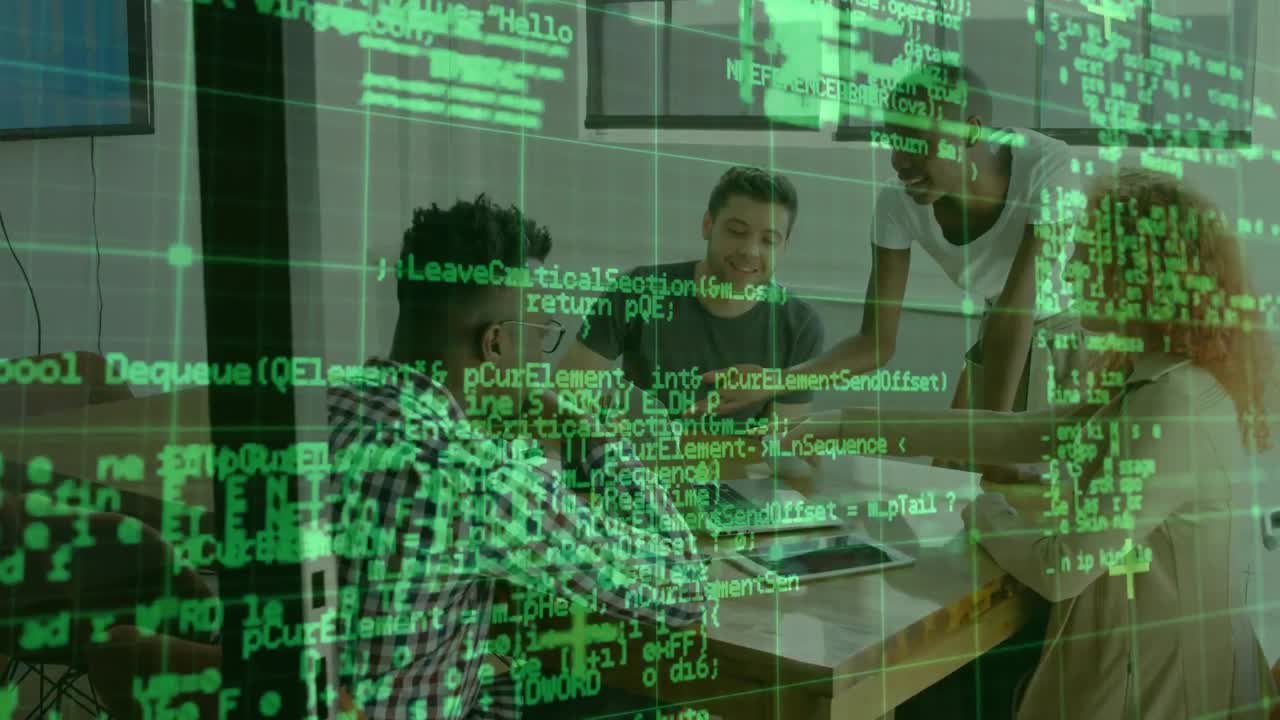 Animation of data processing over diverse business people in office