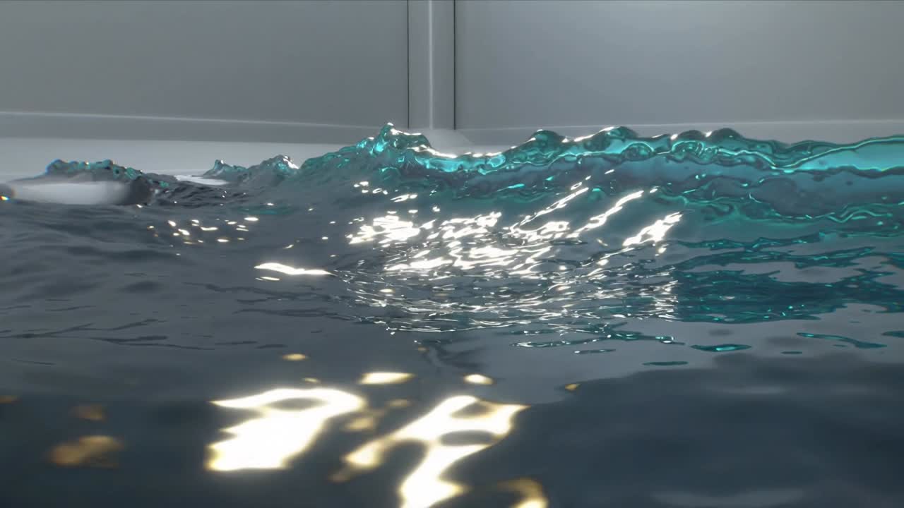 Superficie dell'acqua che sale da un impulso, formando una cresta ondosa in un serbatoio, mostrando bagliori lucidi e un bagliore verde acqua