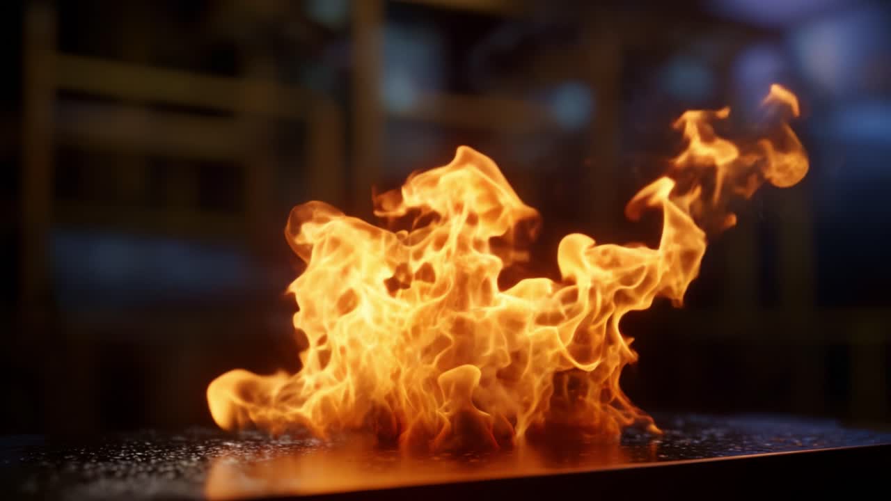 Dynamic Flames Dancing: A Captivating Display of Fire's Intensity and Beauty With Flickering Orange and Yellow Hues Above a Wet Surface in a Dark Setting