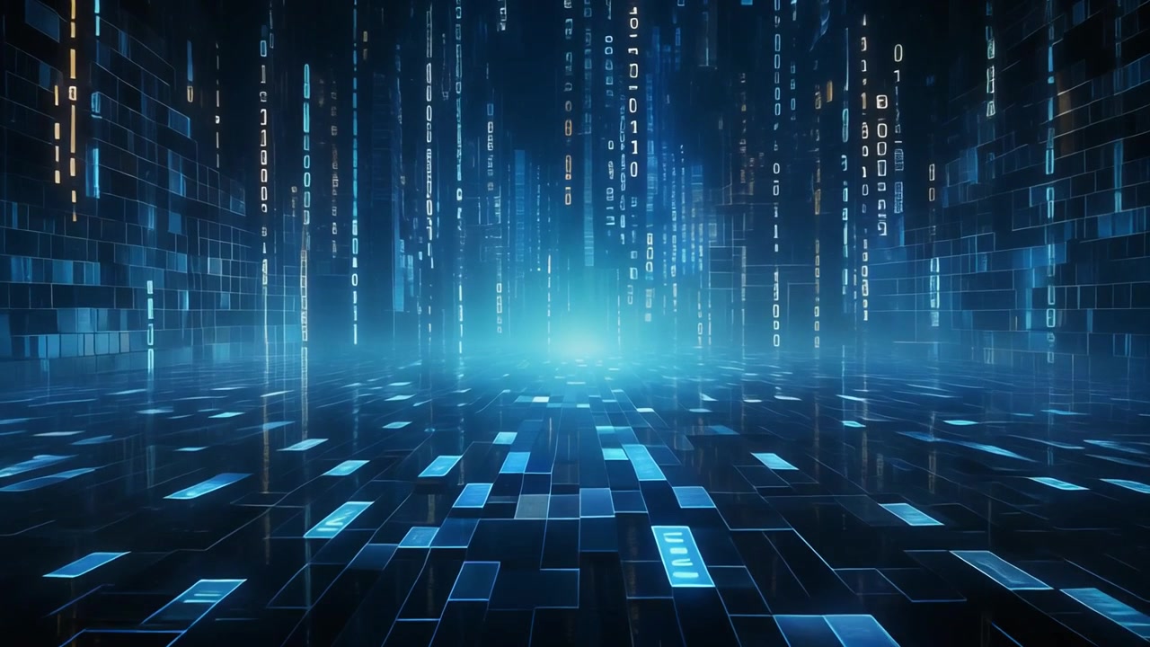 Abstrakt digital datastrøm med binær kode og glødende blåt gitter